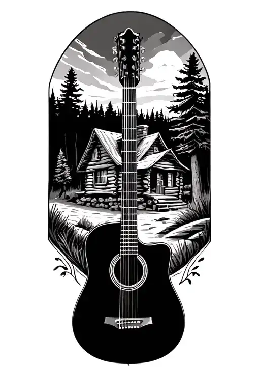 accoustic guitar surrounded by log cabin scene inside tattoo design idea