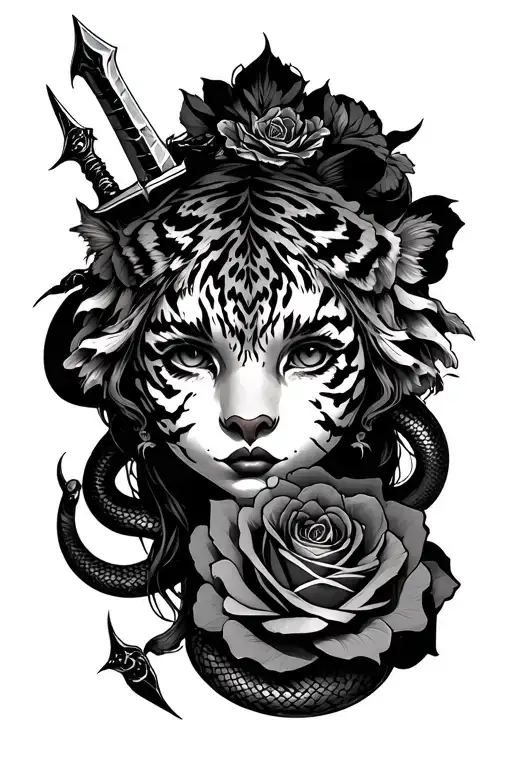 girl eyes with three claw marks sleeve with dagger rose tiger and snake tattoo design idea