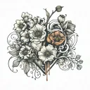 abstract design human heart, poppies, anemones, mushrooms, love and the letters J and C tattoo design idea