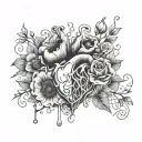 abstract design human heart, poppies, anemones, mushrooms, love and the letters J and C tattoo design idea