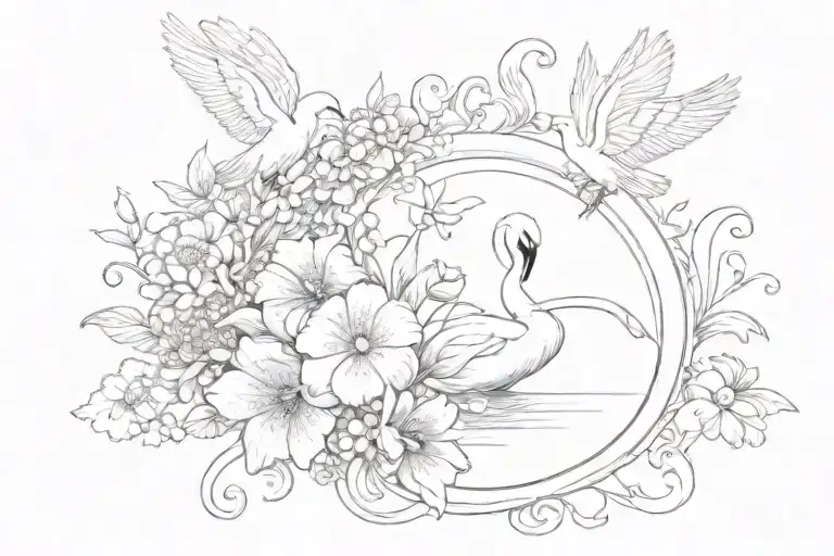 A SWAN TWO BUTTERFLY AND A FEW FLOWERS IN A ELEGANT MIRROR  tattoo design idea