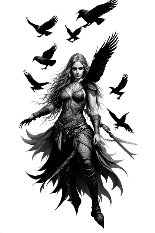 female viking with crows flying tattoo design idea
