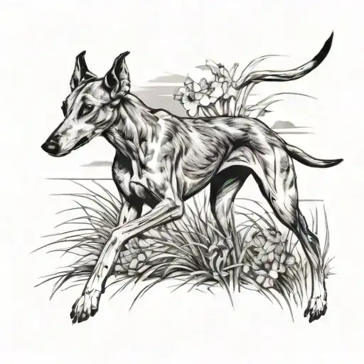 Tattoo for thigh that has a greyhound running or laying in a prairie. tattoo design idea