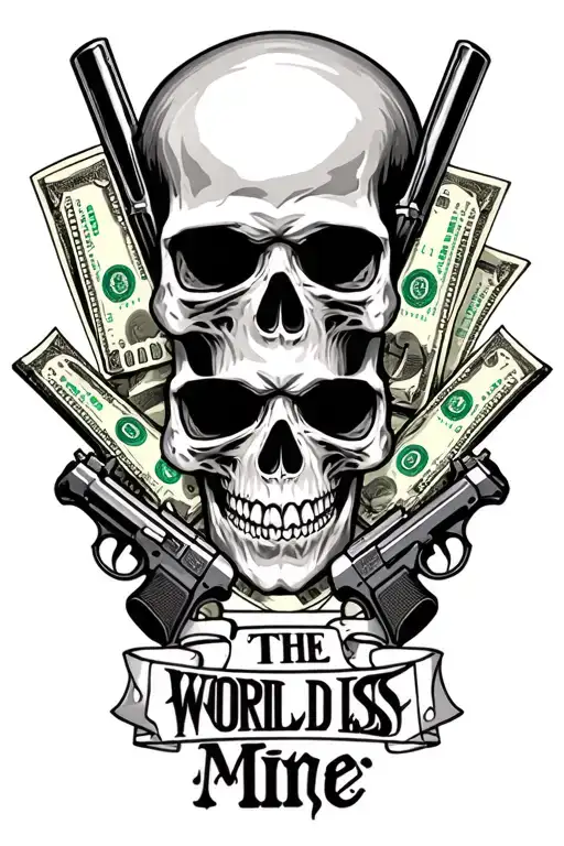 skulls with money and guns saying the world is mine tattoo design idea