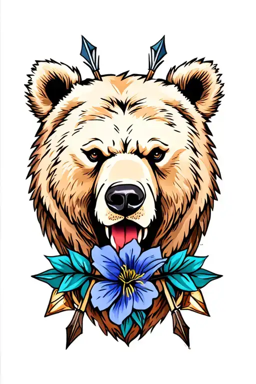 American trad bear head with arrows in background and Columbine in mouth tattoo design idea