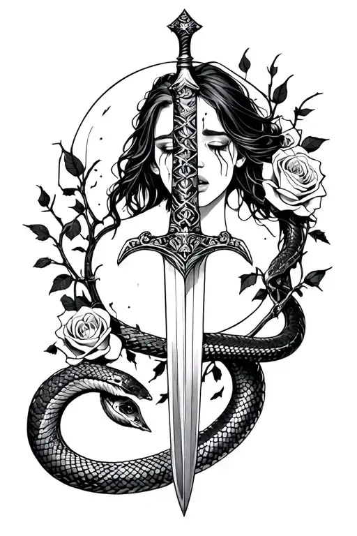 Girl crying at the moon, followed by a sword through a snake surrounded with rose thorns and bloody roses.  tattoo design idea