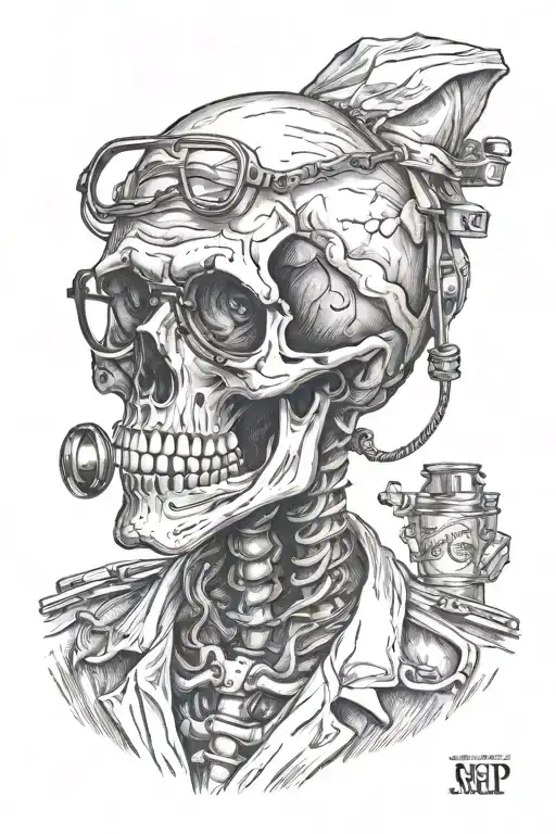 detailed microrealism tattoo of a skeleton with rectangular glasses and a lab coat facing forward  tattoo design idea
