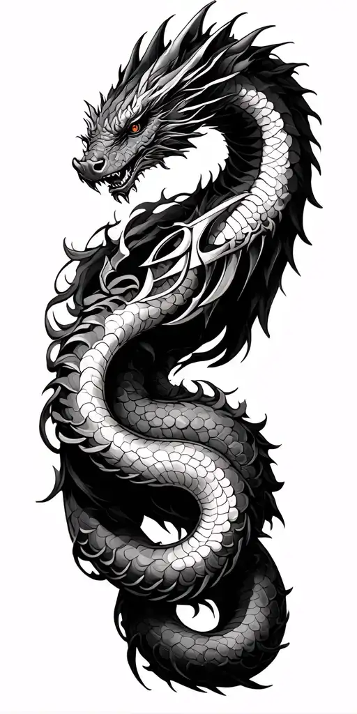 Sleeve tattoo from shoulder to wrist, dense fine‑line dragon serpent ouroboros, integrates Djokovic logo DN, crowned lio tattoo design idea
