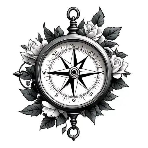 maritime compass with rose vine wrapping tattoo design idea