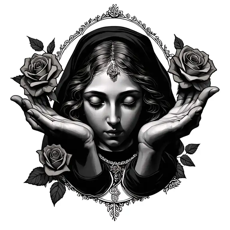Mary with hands open with roses by her feet The ground tattoo design idea