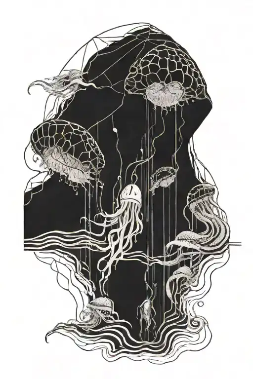 jelly fish swimming gracefully in black water, the face of a young teenage geek weaing a hoodie appears in the waves of  tattoo design idea