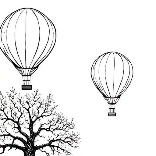3 hot air balloons flying over an oak tree with a swing hanging from it tattoo design idea