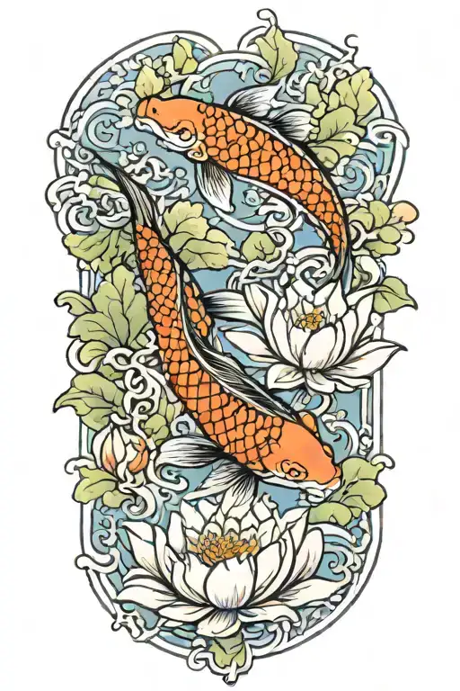 koi and lotus flower blooming tattoo design idea