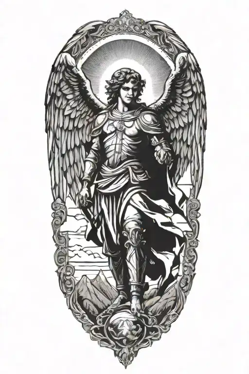A silhouette of Archangel Michael with a mountain range in the background, symbolizing strength and faith tattoo design idea
