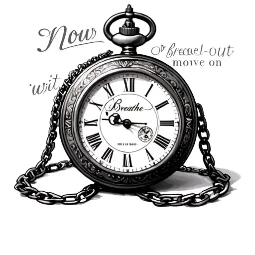 antique pocket watch with no numbers or hands just the word Now wit chain forming words Breathe in, breathe out, move on tattoo design idea