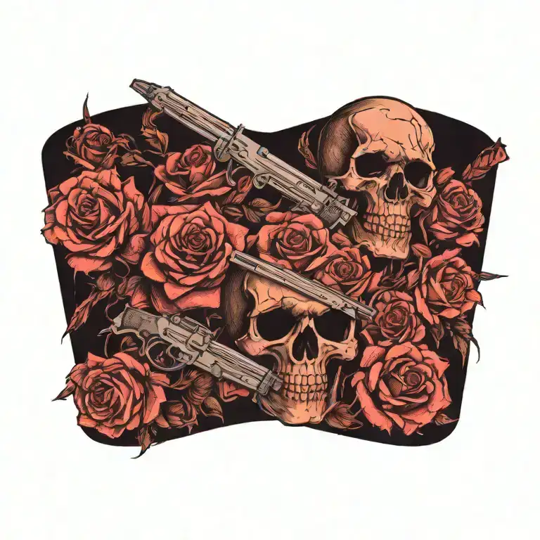 roses and guns and a sword and a skull tattoo design idea