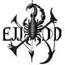 a bow and arrow on each side of the initials E J G D in old English with a Scorpio sitting on top tattoo design idea
