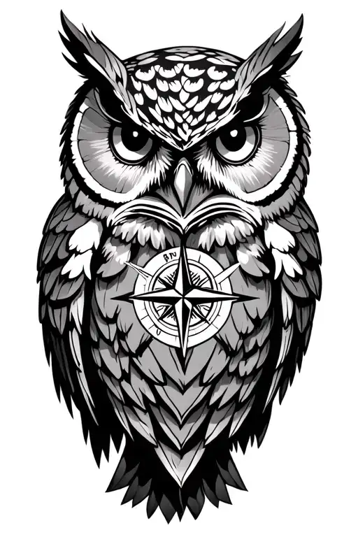 owl compass rose tattoo design idea