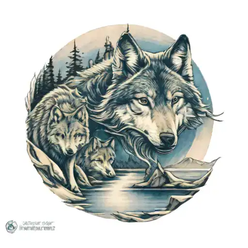 blue moon, wolf pack, mounains, midnight, river stream tattoo design idea
