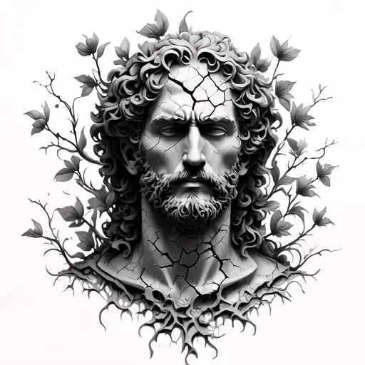 manly realistic cracked marble statue  man face with vines and flowers growing from the fractures, dark surreal style tattoo design idea