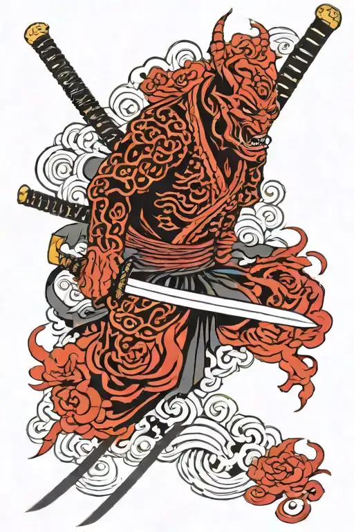 katana and devil red black color tattoo design idea