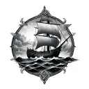 viking longship sailing through stormy seas surrounded by celtic designs tattoo design idea