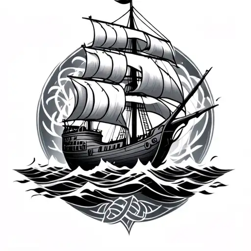 viking longship sailing through stormy seas surrounded by celtic designs tattoo design idea