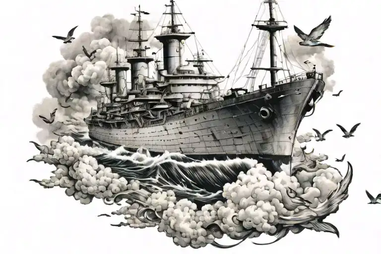 a big old battleship with tiny birds and clouds  tattoo design idea