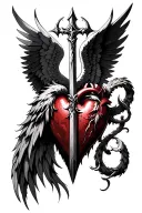 Two wings - Angels and demon connected in the heart and in the center between them detailed excalibur tattoo design idea