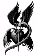 Two wings - Angels and demon connected in the heart and in the center between them detailed excalibur tattoo design idea