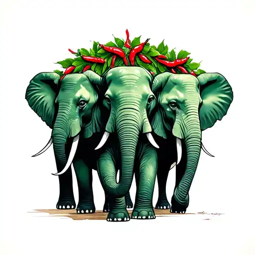 three jade elephant walking in front  of each other with a green and red chile wreath tattoo design idea