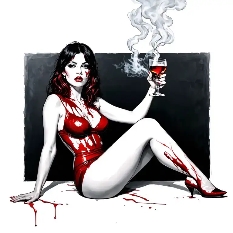 sexy bloody woman sitting alcohol smokes tattoo design idea