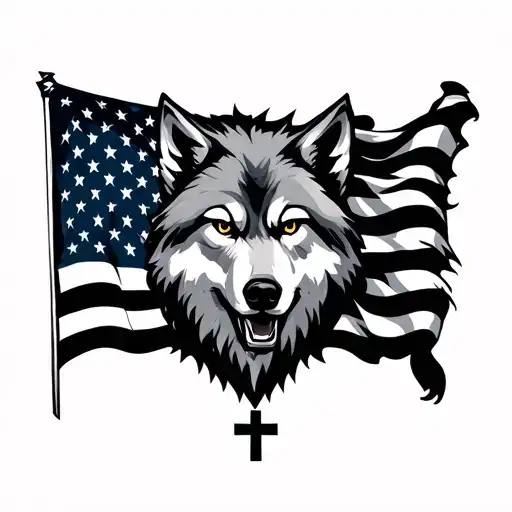 American flag waving, wolf face, cross tattoo design idea