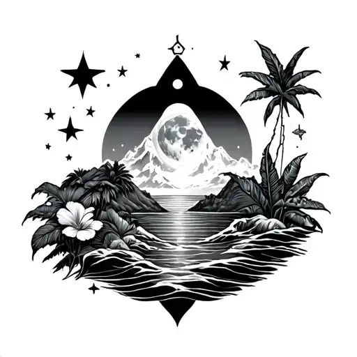 aquarius with moon, stars, mountain, taro plant, and hawaiian island chain tattoo design idea