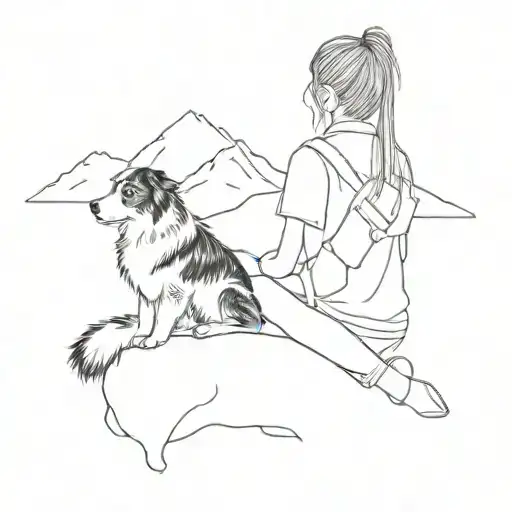Australian Shepherd sitting next to a woman, this woman has my hair tied up and a two mountain bag tattoo design idea