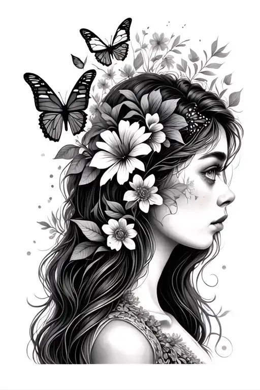 forward facing lady head long hair partially covered with nature elements like butterfly's and flowers.  tattoo design idea