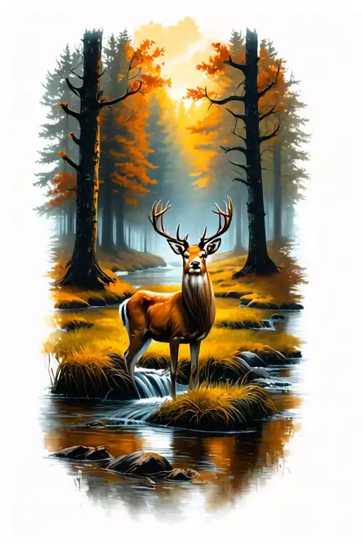 A deer standing in a fall season forest scene featuring a stream flowing into a marsh  tattoo design idea