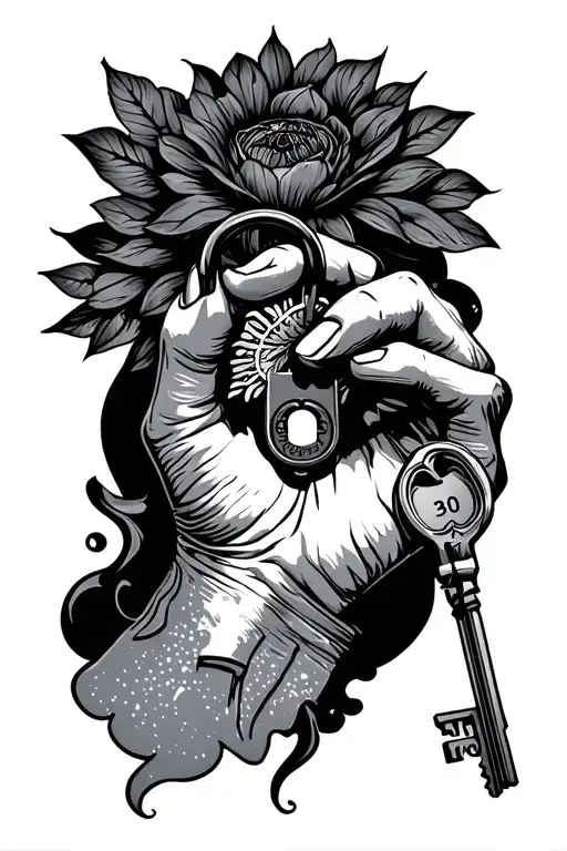 hand with key unlocking tattoo design idea