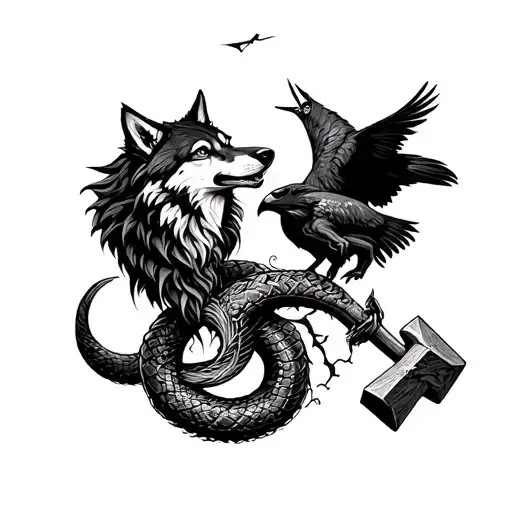 Scandinavian, wolves Hati and Mati, snake Jormungandr, ravens Muninn and Huginn, tree Yggdrasil and hammer Mjolnir tattoo design idea