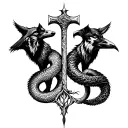 Scandinavian, wolves Hati and Mati, snake Jormungandr, ravens Muninn and Huginn, tree Yggdrasil and hammer Mjolnir tattoo design idea