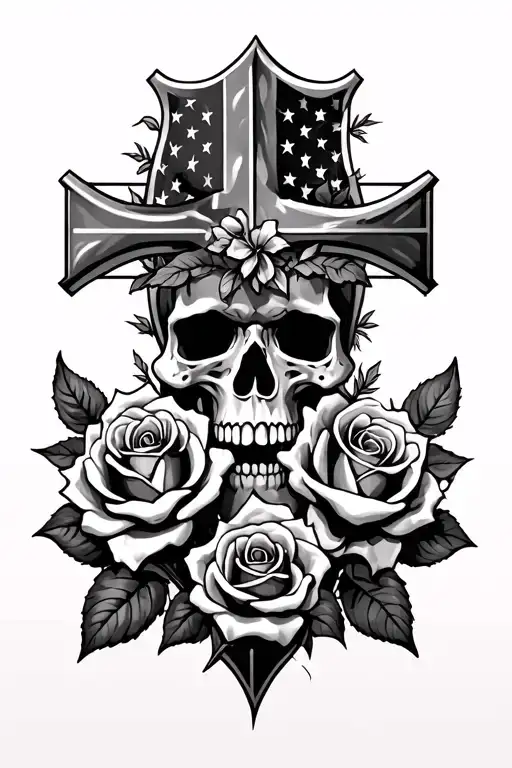 Cross, Roses, American flag, skull tattoo design idea