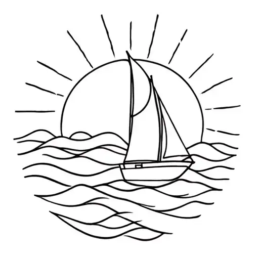 bright sun with rays with sailing boat and waves. bold fine line minimalist tattoo design idea