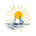 bright sun with rays with sailing boat and waves. bold fine line minimalist tattoo design idea