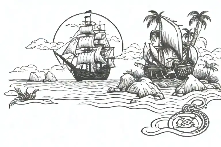 deserted island and pirate ship scene. black and white. clean lines.   tattoo design idea