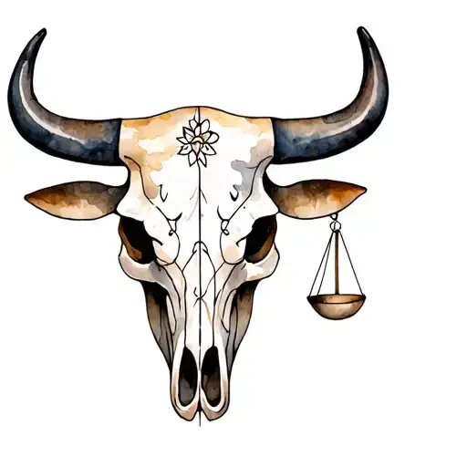 bull skull with sugar skull markings all over and Libra scales tattoo design idea