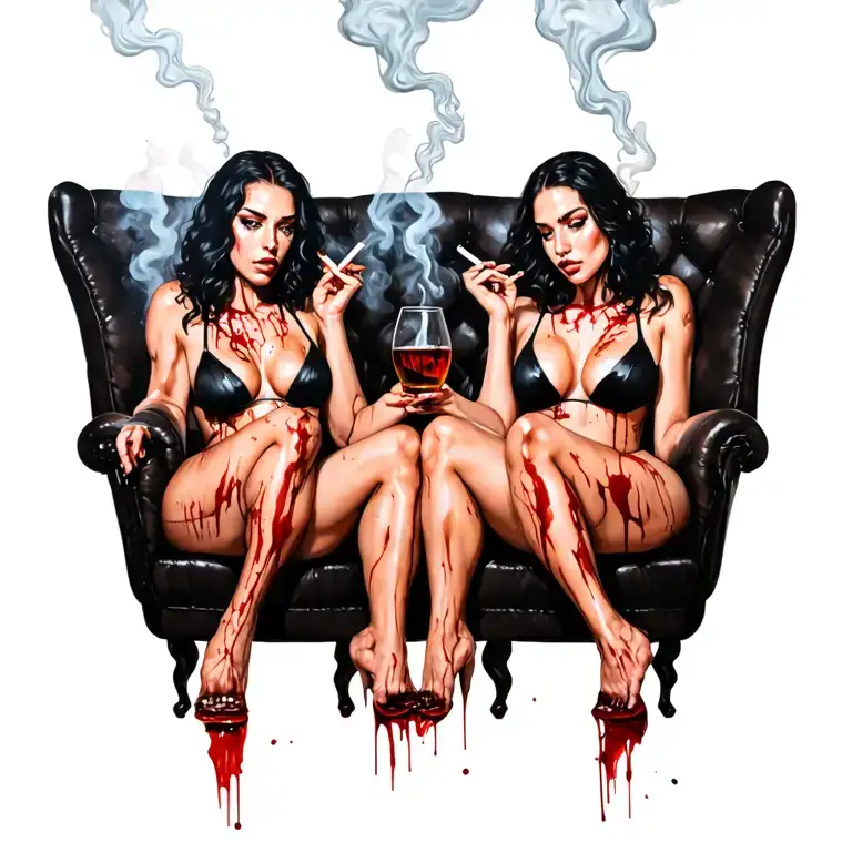 sexy bloody women sitting alcohol smokes cigarette tattoo design idea