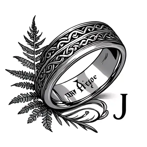 A Welsh wedding ring tattoo with the Celtic band along the top and then a New Zealand fern and the letter J on the under tattoo design idea