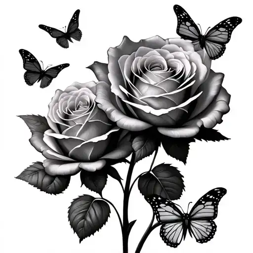 two realistic roses with three butterflies flying tattoo design idea