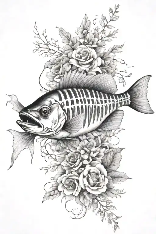 walleye bass skeleton and flowers tattoo design idea