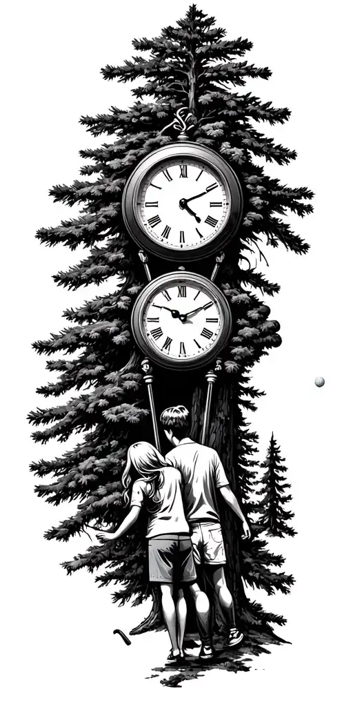 pine forest and golf and father and mother and daughter and son and daughter and clock tattoo design idea